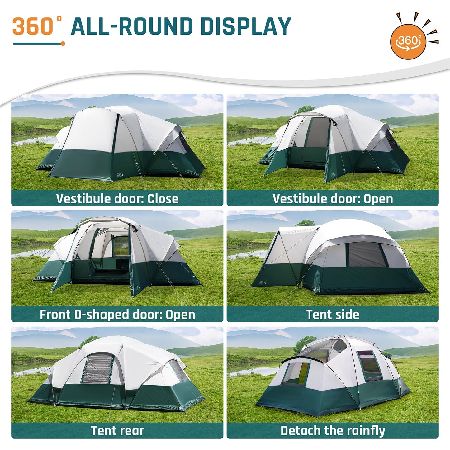 11-Person Family Camping Tent with Porch, Rainfly & Vestibule – Large Dome Tunnel Tent