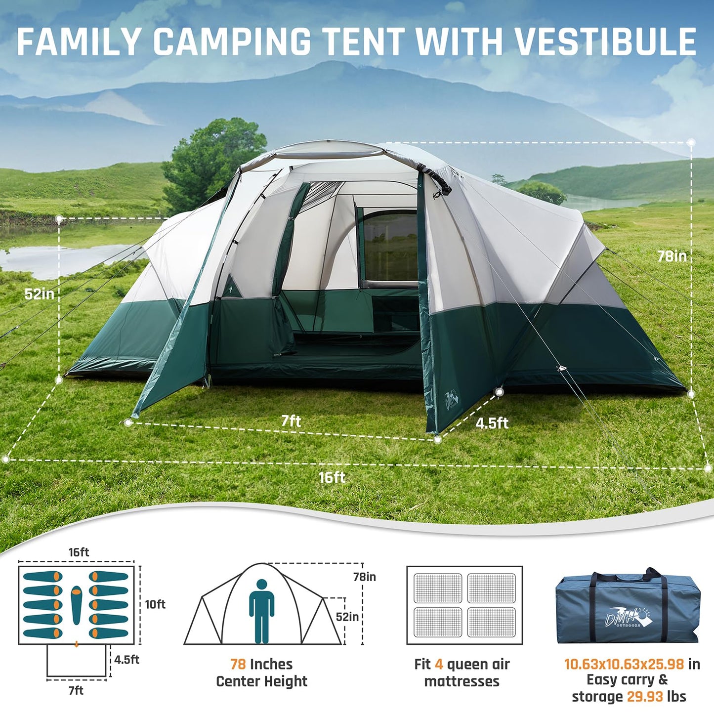 11-Person Family Camping Tent with Porch, Rainfly & Vestibule – Large Dome Tunnel Tent