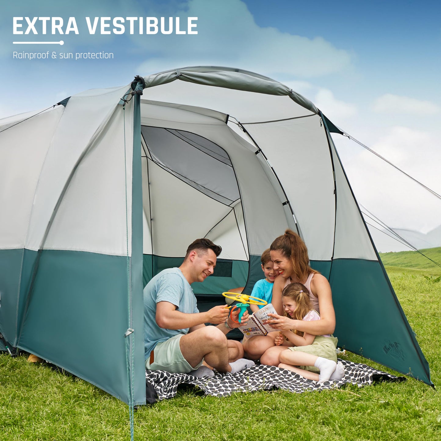 11-Person Family Camping Tent with Porch, Rainfly & Vestibule – Large Dome Tunnel Tent
