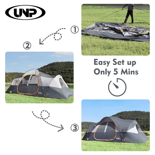 UNP 10-Person Waterproof Camping Tent with 2 Rooms & Mesh Windows – Gray