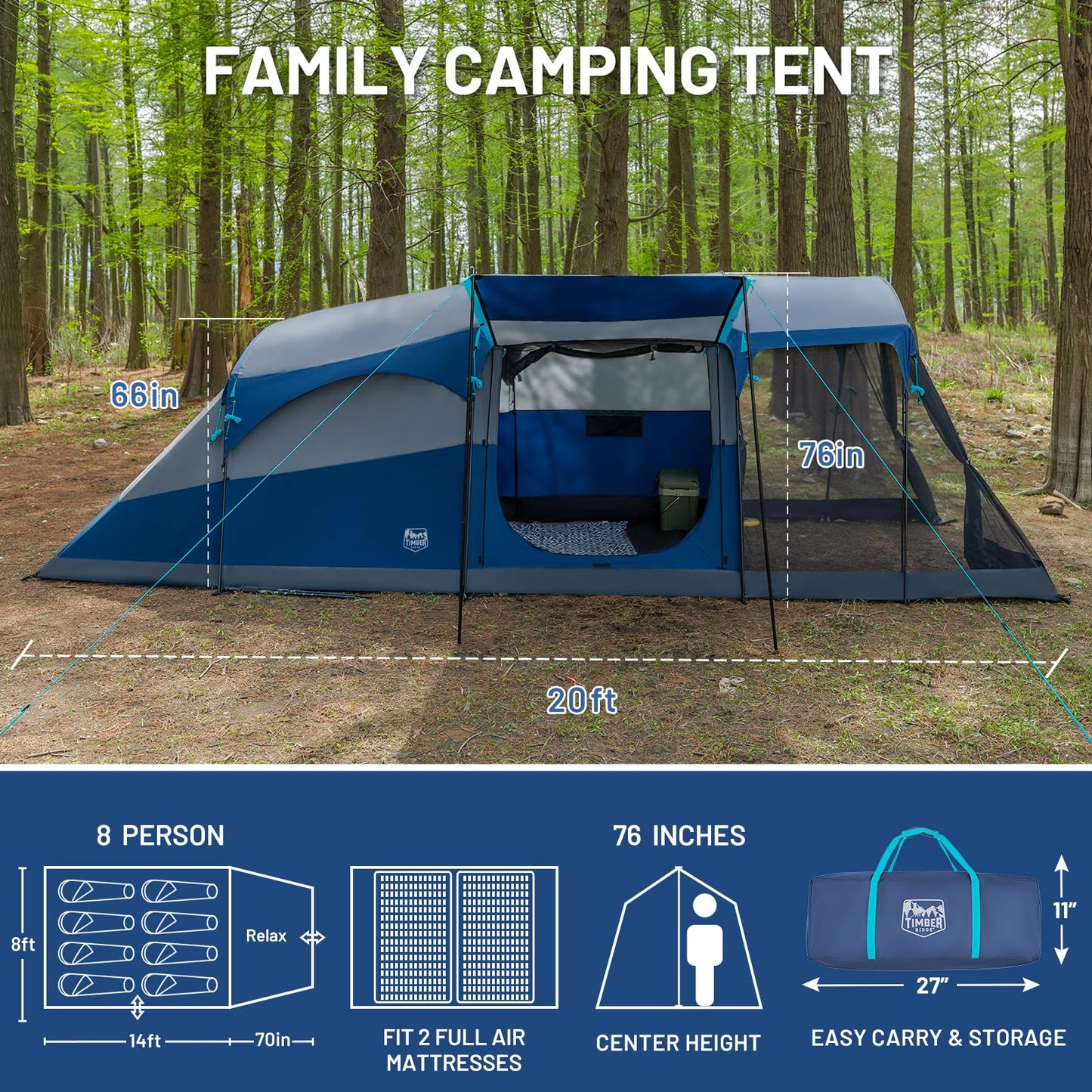 Timber Ridge 8-Person Waterproof Family Camping Tent with Screen Room & Carry Bag